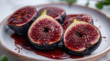   A white plate adorned with fig slices smothered in red sauce and garnished with sprinkles