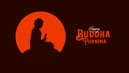 Happy Buddha Purnima calligraphy, Lettering with Buddha meditating silhouette vector illustration for social media banner design