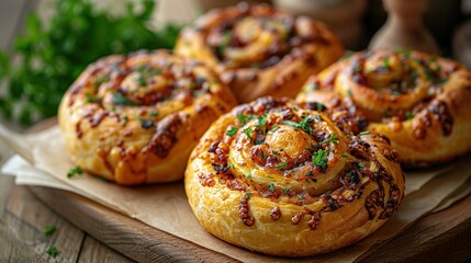   A plate of buns with toppings on a wooden tray next to a plant