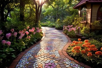 Tile path backyard flowers. Summer grass. Generate Ai