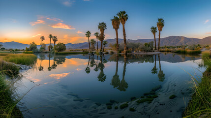 A panoramic view of a desert oasis spring, palm trees reflecting on the tranquil water surface at sunset