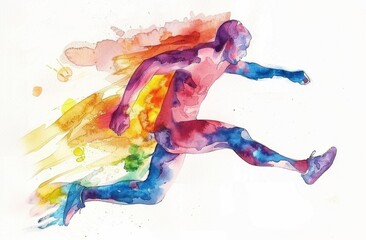Fototapeta premium watercolor colorful running athlete, simple line art in the style of vibrant colors, on white background Generative AI