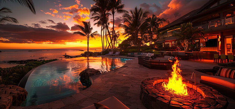 A luxury outdoor patio with an elegant fire pit, comfortable seating areas, and a view of the ocean at sunset in Hawaii. The photo captures a highend beach house with modern architecture and a pool 
