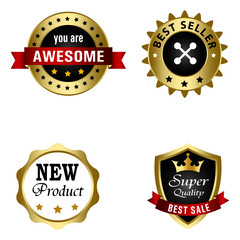 Set of Quality Badges and Labels Design Elements. Golden badge labels and laurel retro vintage collection. Emblem premium luxury logo in retro style template badges collection.