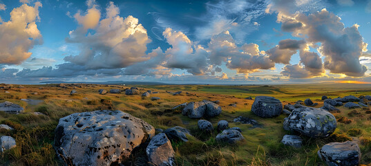 A panoramic view of a rolling upland landscape with scattered boulders, under a dramatic sky of moving clouds