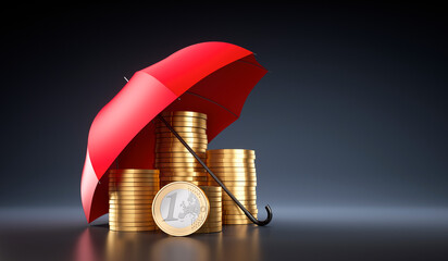Stack of coins under a red umbrella with dark background - copy space - 3D illustration