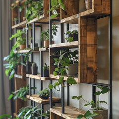 A close up of contemporary boho rustic bookshelf  with plants, that serves as a modern decorative partition-element.