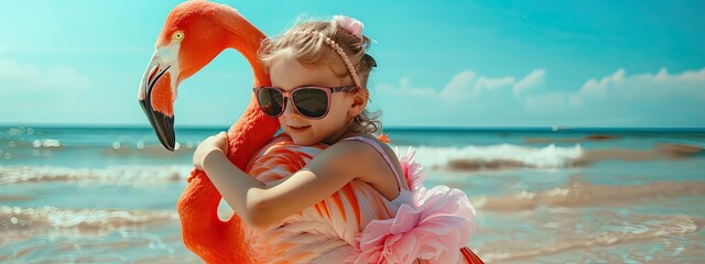 A child hugs a flamingo on the beach. Selective focus.