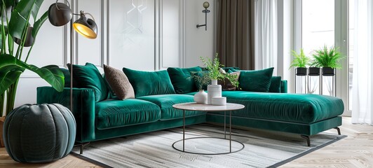 Luxury living room in home with modern interior design, green velvet sofa, coffee table, 