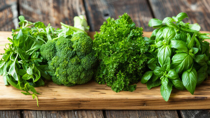 A wooden board with a variety of green vegetables including broccoli, parsley