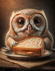 An owl with a sandwich