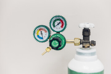 welding equipment acetylene gas cylinder tank with gauge regulators manometers. Pressure reducer. Gas cylinder equipment. Adjustment of the protective gas supply