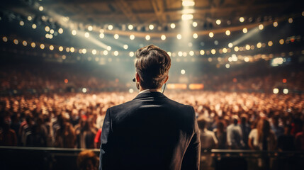 Obraz premium generated illustration Rear view of the speaker standing on the stage in front of the audience