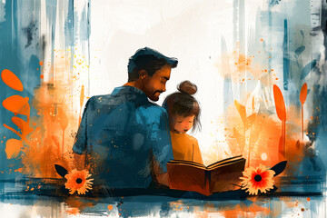 An illustration of father and daughter. Dad is reading book of fairy tales in cozy room. Happy childhood concept, family activities. Father's day. World book day.