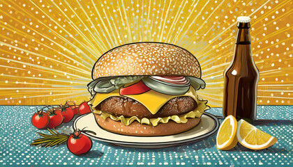 A graphic hamburger and a beer