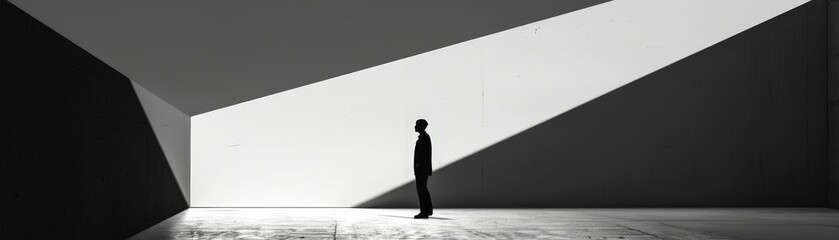 abstract minimalist conceptual photography of a man standing in front of a white wall, with a black umbrella in the foreground and a floor in the background
