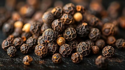 Obraz premium A mound of whole, unpeeled black pepper on a dark surface surrounded by additional whole, unpeeled black pepper