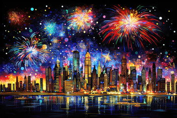 Obraz premium generated illustratio beautiful fireworks light up night sky over urban skyline