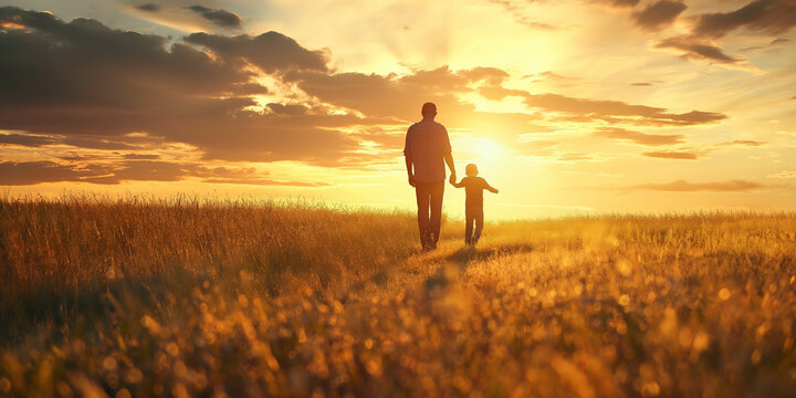A silhouette of a father holding his child's hand walking at sunset, happy fathers day celebration.
