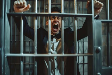 Man in Suit and Bow Tie in Jail Cell