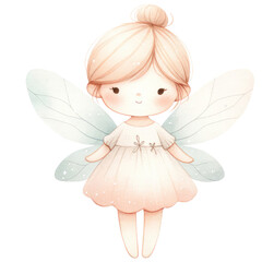 Little fairy in a pink dress. She has blonde hair and blue eyes. She is barefoot and has a pair of transparent wings.