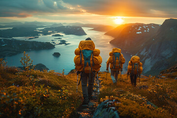 a group of tourists with backpacks walk along beautiful mountain ranges in Norway
