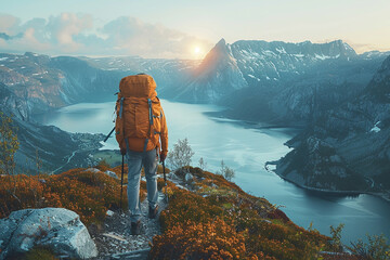 a man with a tourist backpack is engaged in trekking in the mountains