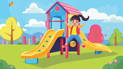 little girl playing slider enjoying in playground vector