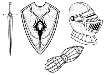 Knight armour set sketch engraving PNG