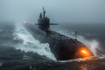 An eerie illustration of a submarine moving through dense mist, with a haunting light illuminating its path The mystery of sea explorations encapsulated