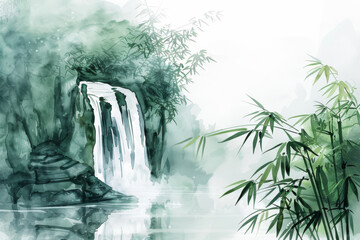 A waterfall with bamboo trees in the background, watercolor painting