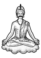 Yogi meditating floating on cloud sketch PNG