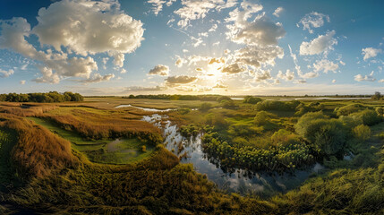 A panoramic view of a lush fenland during sunset, with the golden sun casting long shadows and warm hues across the marshy landscape
