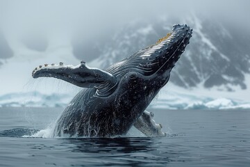 Obraz premium Humpback whale breaching with detailed throat pleats against a mountainous, icy backdrop