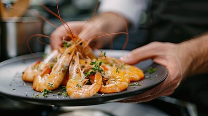 The chef makes a presentation of the dish to be served. Selective focus.