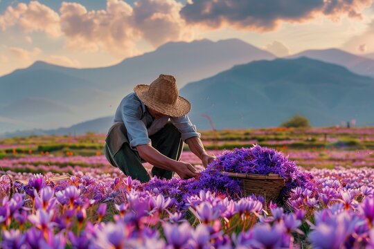 Person Picking Flowers in Field With Mountains
