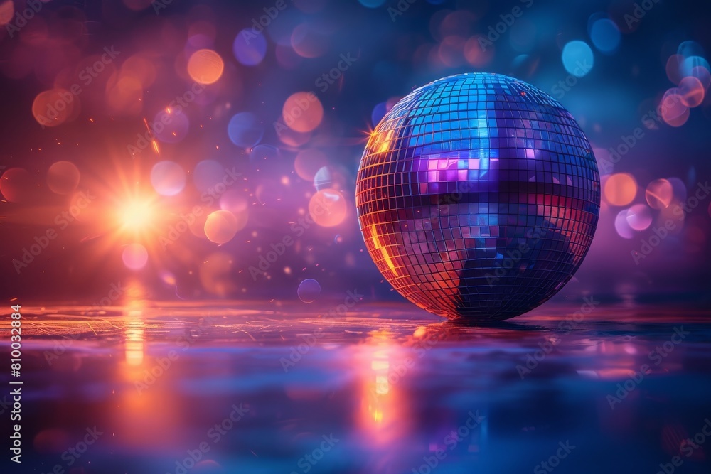 Poster captivating disco ball illuminated by sunset-like light on a reflective surface with a bokeh backgro