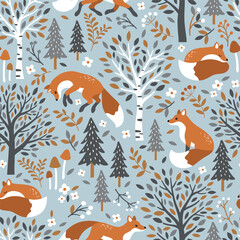 Seamless vector pattern with cute hand drawn fox, birch trees, leaves, mushrooms and flowers. Perfect for textile, wallpaper or nursery print design. © MirabellePrint