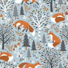 Seamless vector pattern with cute hand drawn fox, birch trees, leaves, mushrooms and flowers. Perfect for textile, wallpaper or nursery print design. © MirabellePrint