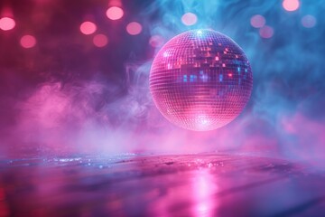 Obraz premium Floating disco ball with a misty pink and blue backdrop projects a mysterious yet festive mood