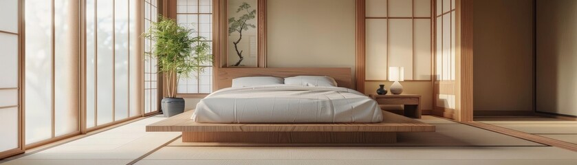 minimalist bedroom interior with japanese influence featuring a wood bed with white pillows