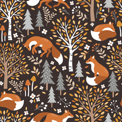 Seamless vector pattern with cute hand drawn fox, birch trees, leaves, mushrooms and flowers. Perfect for textile, wallpaper or nursery print design. © MirabellePrint