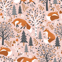 Seamless vector pattern with cute hand drawn fox, birch trees, leaves, mushrooms and flowers. Perfect for textile, wallpaper or nursery print design. © MirabellePrint