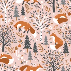Seamless vector pattern with cute hand drawn fox, birch trees, leaves, mushrooms and flowers. Perfect for textile, wallpaper or nursery print design. © MirabellePrint