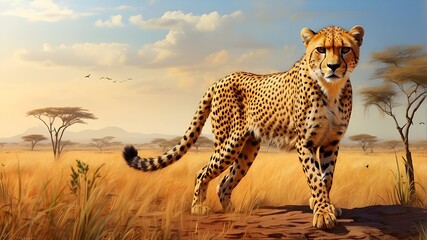 Cheetah hunting in a savanna, digital artwork - obrazy, fototapety, plakaty