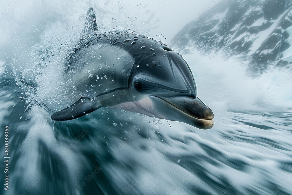 Poster a dynamic image of a dolphin cutting through ocean waters with snow-capped mountains in the backgrou
