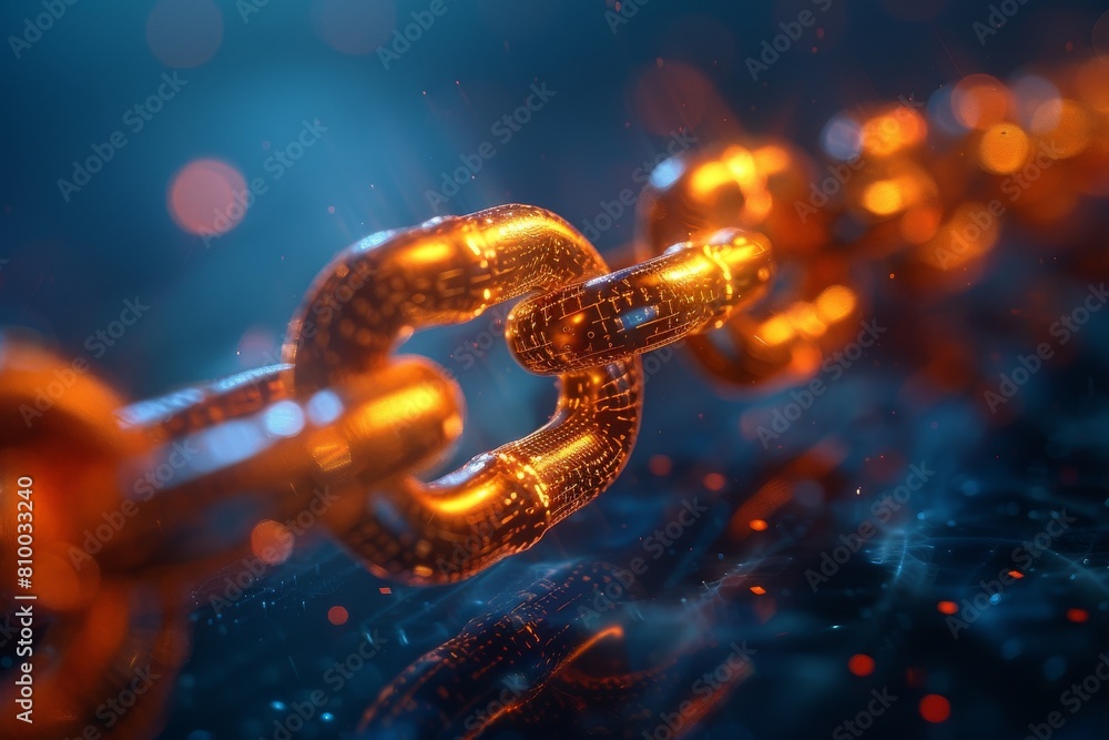 Poster a fiery theme of a blockchain link depicting modernity and the cutting edge of cryptocurrency techno