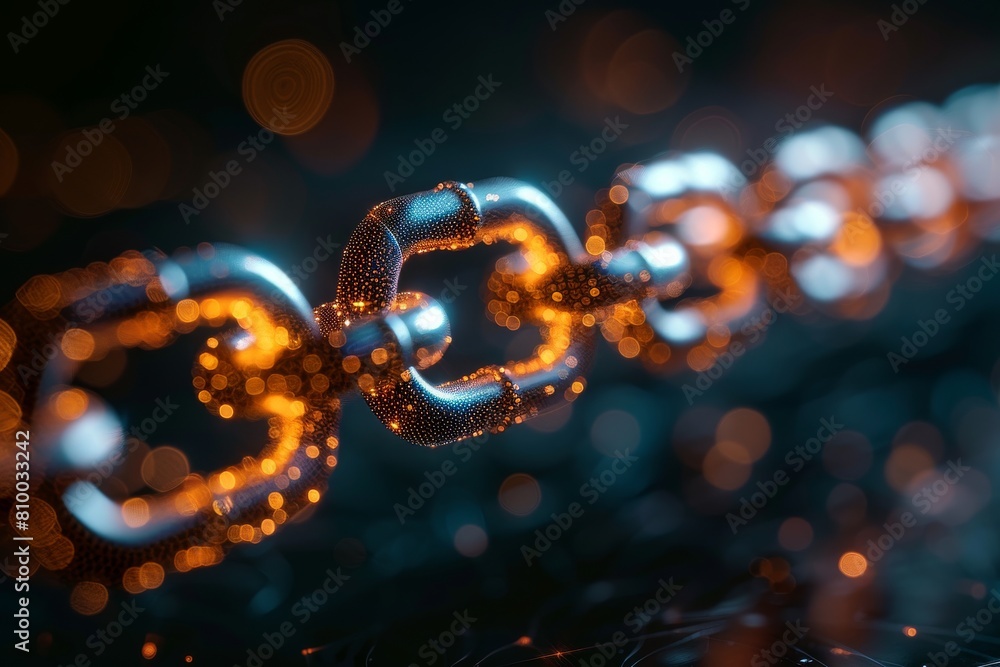 Poster a dazzling digital art representation of a blockchain link glowing with connectivity and abstract hi