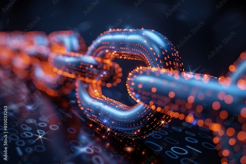 Poster glowing digital blockchain links with a futuristic cyber feel, representing the concept of connectiv