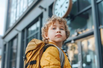 Little Boy Standing in Front of Building